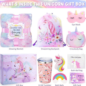 Tiblue Unicorn Gifts Box 12oz tumbler keeps drinks cold or warm for on-the-go use.