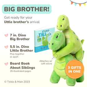 Tickle & Main dino plush close-up shows soft, kid-friendly material for gentle play.