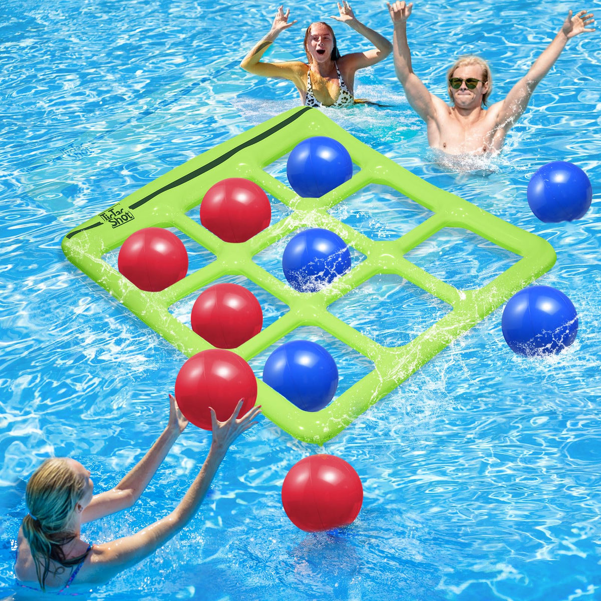 TicTac Shot inflatable tic-tac-toe board gliding on water for pool play.