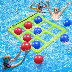 TicTac Shot inflatable tic-tac-toe board gliding on water for pool play.