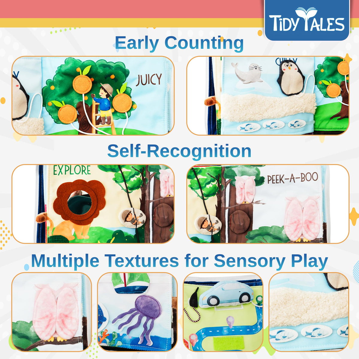Tidy Tales Busy Book button page develops grasp and coordination