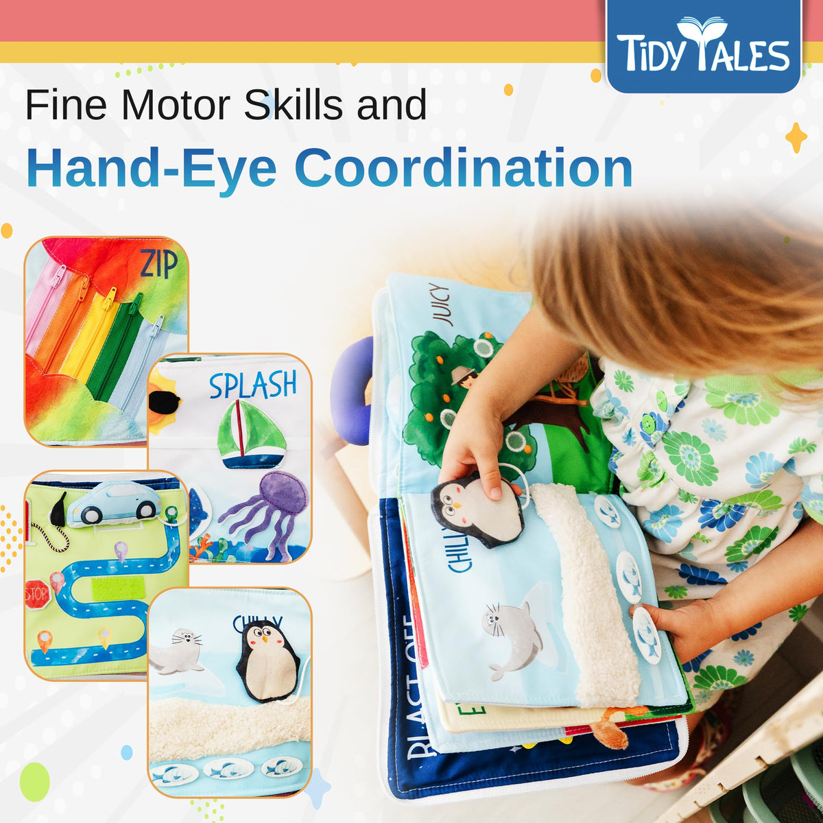 Tidy Tales Busy Book Velcro page invites tactile exploration