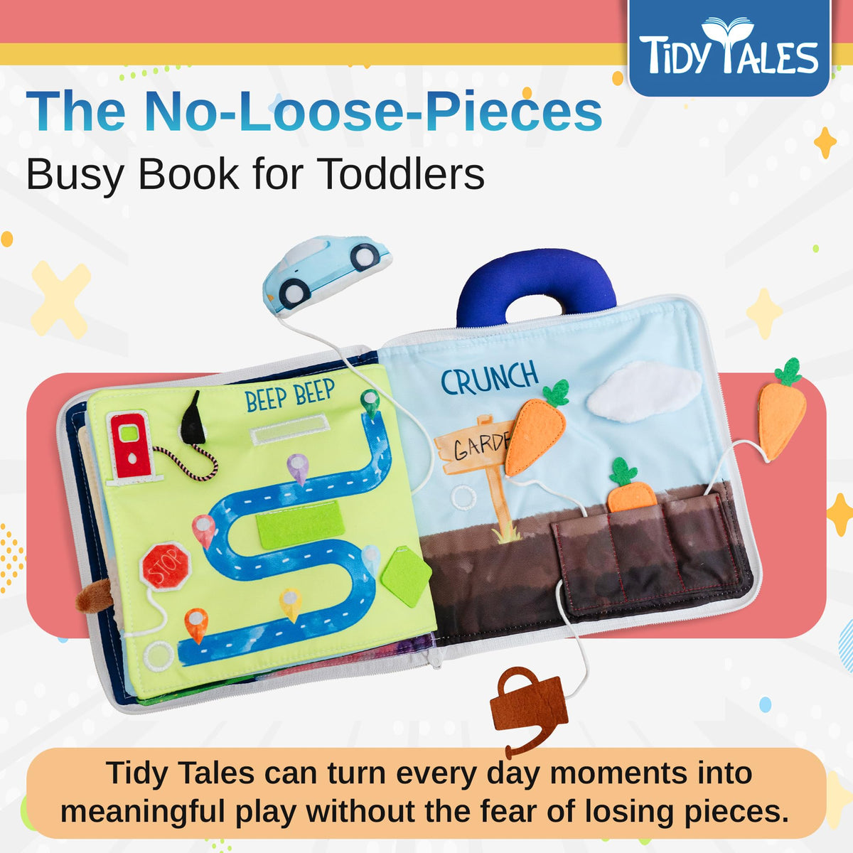 Tidy Tales Busy Book zipper page supports fine motor practice
