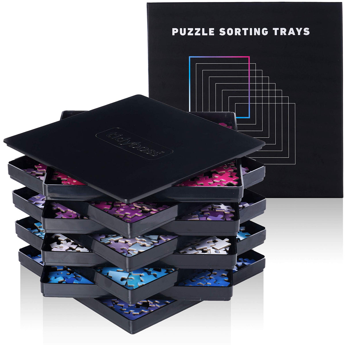 Tidyboss 8-piece puzzle trays with lid stacked for compact organization and transport.