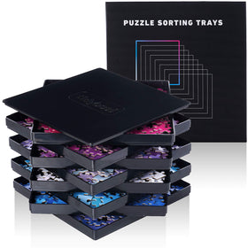 Tidyboss 8-piece puzzle trays with lid stacked for compact organization and transport.