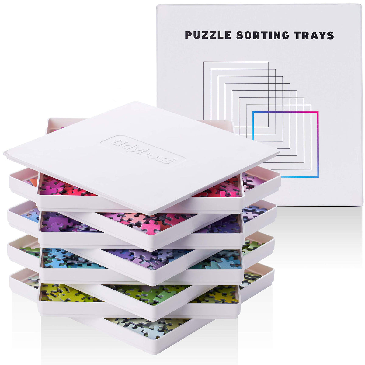 Tidyboss 8-piece puzzle trays with lid keep pieces organized and spill-safe during transport.