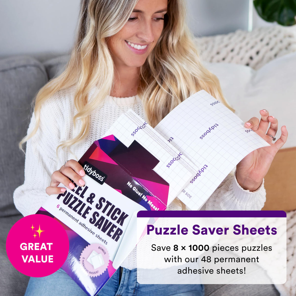 TIDYBOSS adhesive puzzle sticker demonstrates glue-free sealing for puzzles.