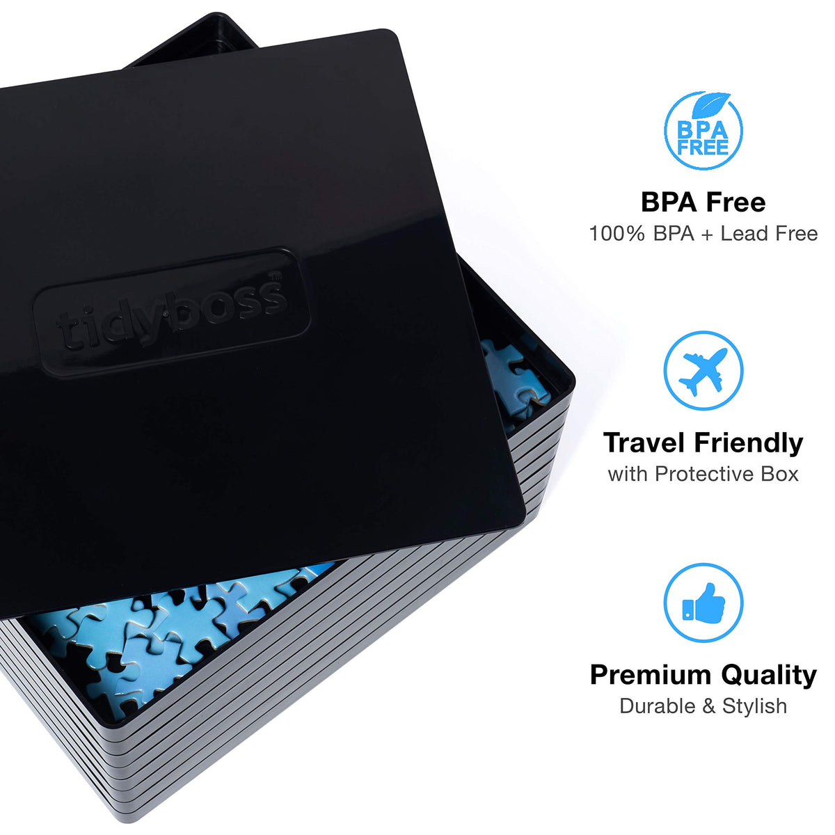 Tidyboss trays with lid protecting work during puzzling sessions.