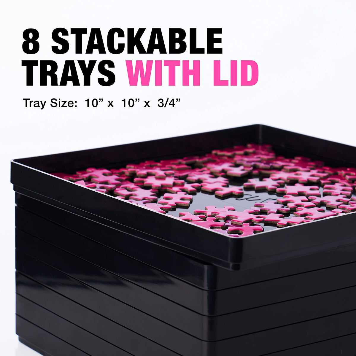 Stackable Tidyboss trays expanded for larger or evolving puzzles.