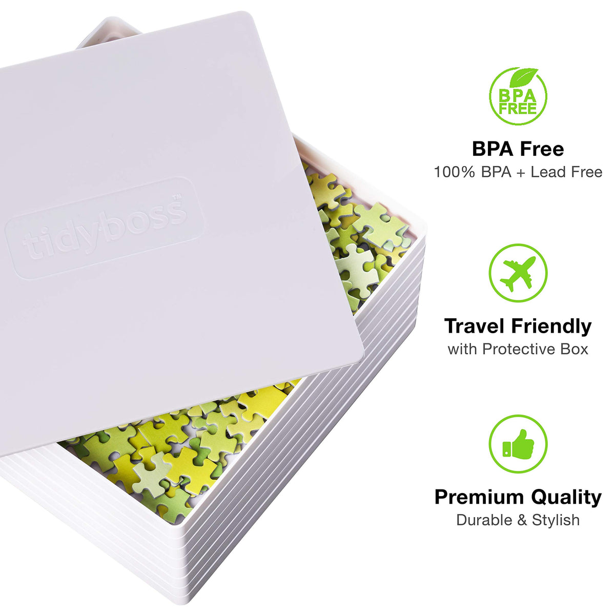 Tidyboss white-background trays maximize piece contrast for easy sorting.