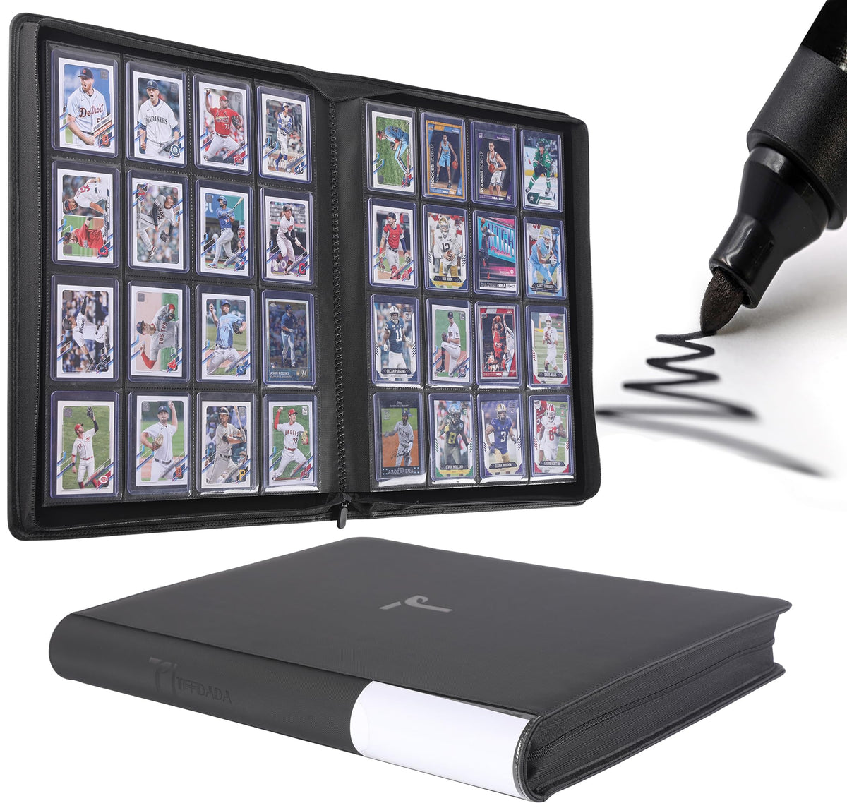 TIFFDADA top-loader binder front view shows secure 16-pocket organization.