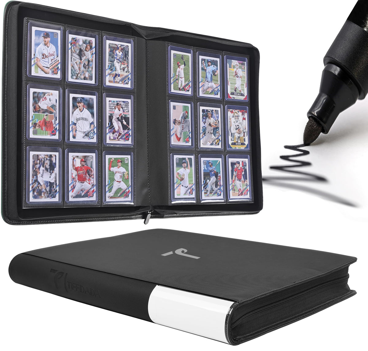 TIFFDADA Top Loader Binder open with nine-pocket page for organized storage up to 360 cards.