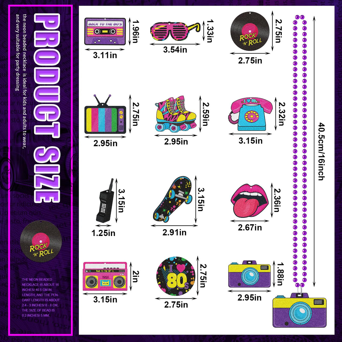 Tigeen 80s purple pendant necklace brightens neon looks for nightlife.