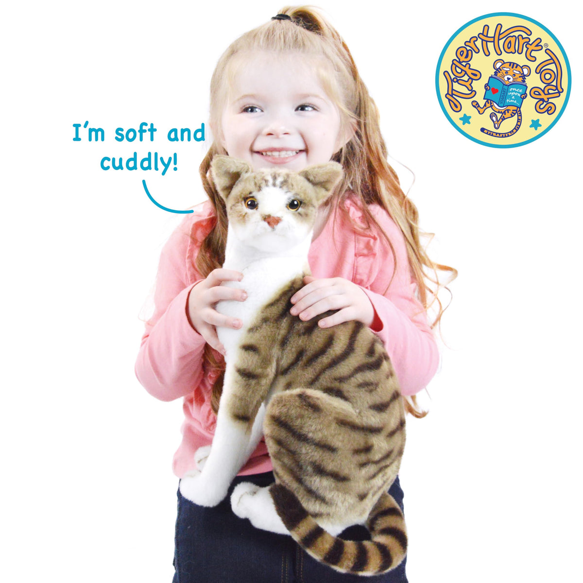 TigerHart Amy Cat plush side profile highlights durable stitching for everyday hugs