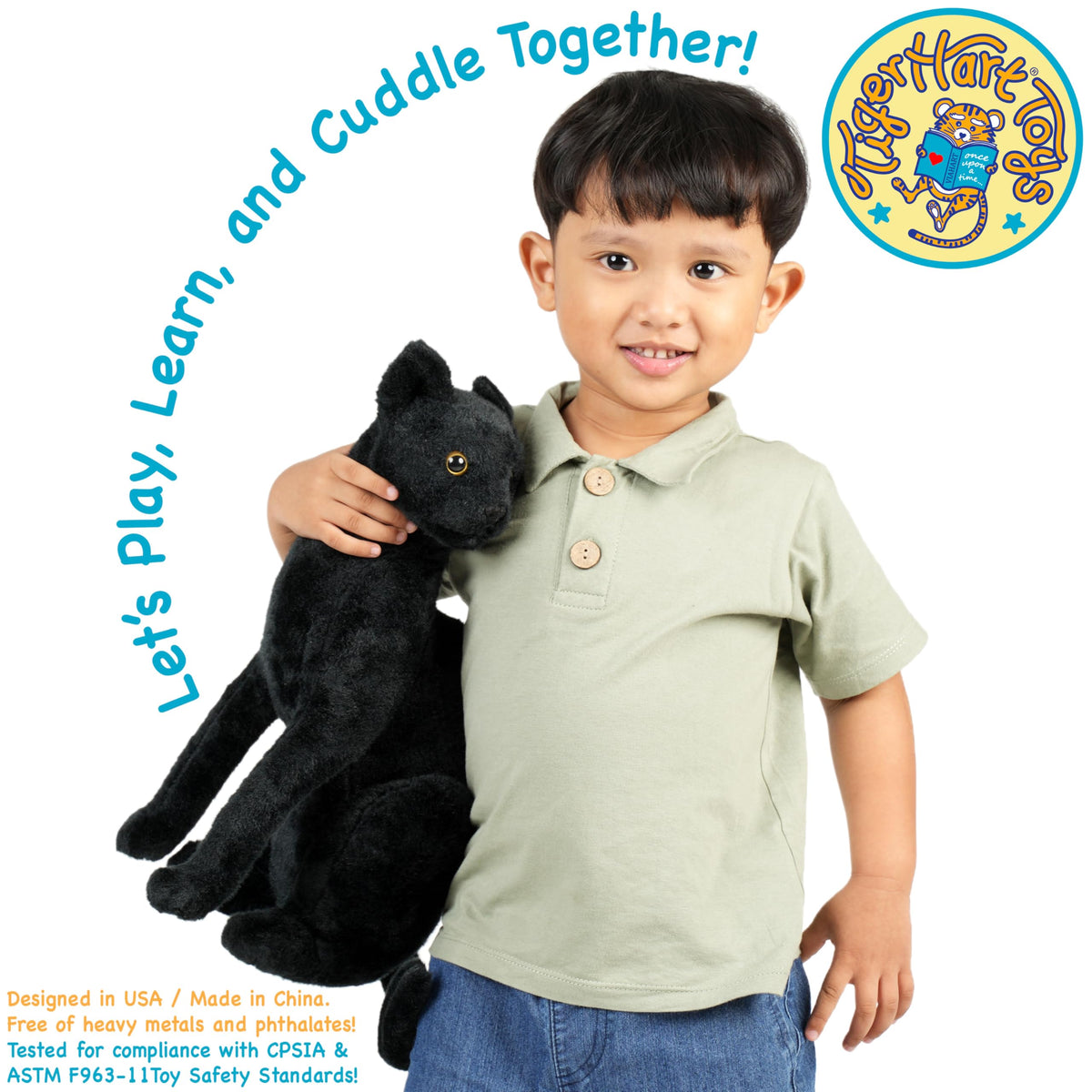 TigerHart Boone Black Cat plush, in-hand scale, ideal for children ages 3 and up.
