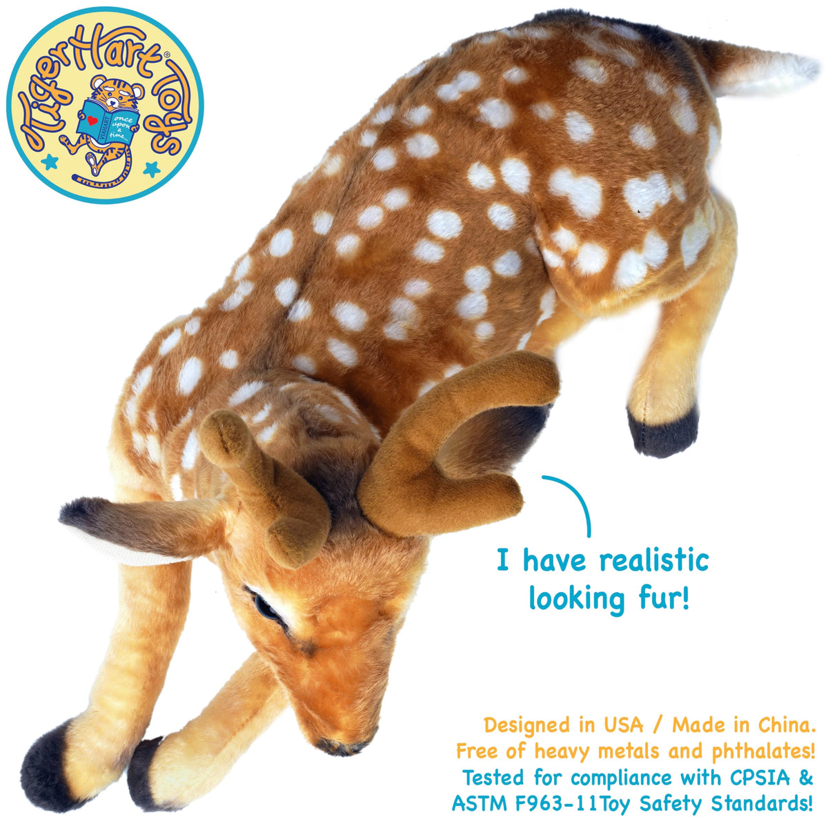 TigerHart Dorbin Deer plush, warranty-info view, 90-day warranty for manufacturer defects.