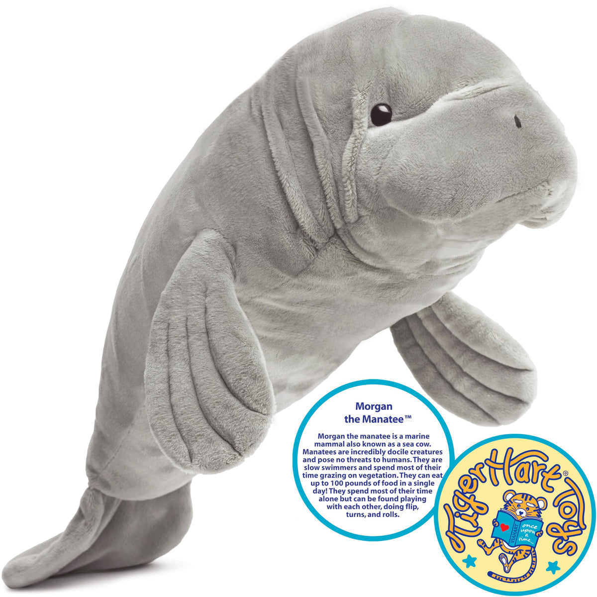 TigerHart Morgan Manatee plush side view highlighting durable stitching for cuddles