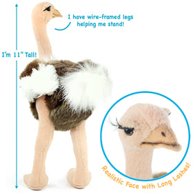 TigerHart Ola ostrich plush care guide image, gentle hand wash reminder.