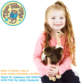 TigerHart Ola ostrich plush side view, sturdy stand for storytelling.