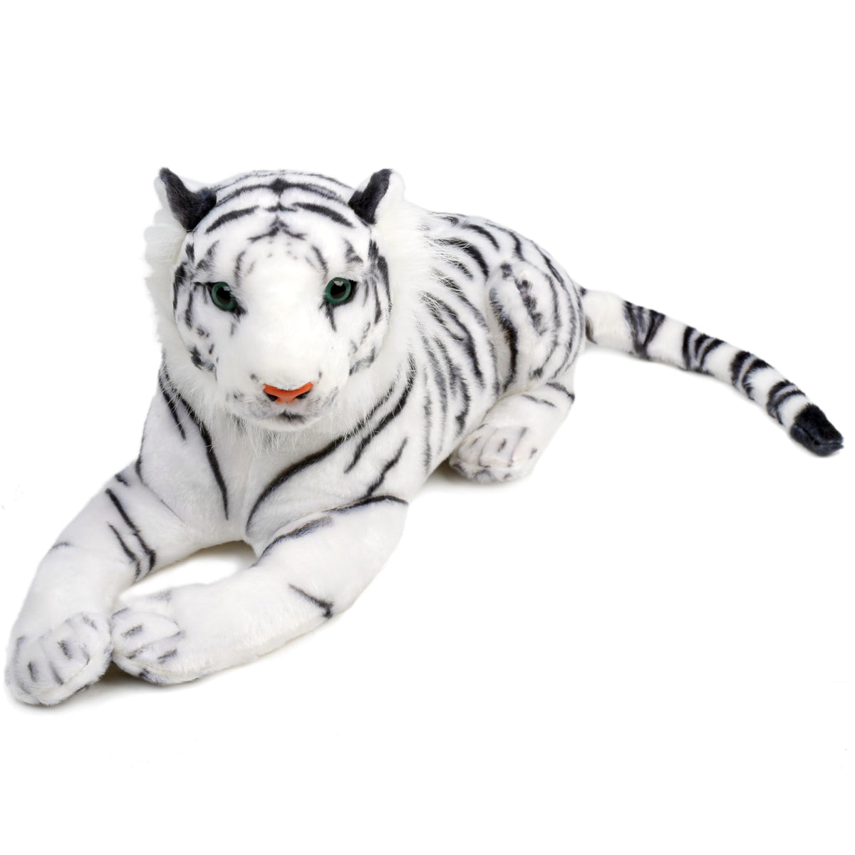 TigerHart Saphed white tiger plush front view with unique stripes for a distinctive cuddle.