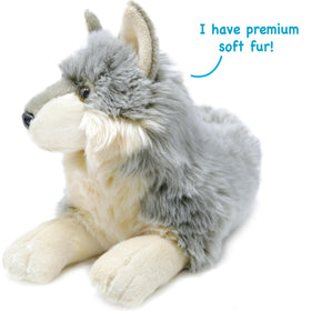 Whitaker Wolf plush size and dimensions, ideal for small hands and travel.
