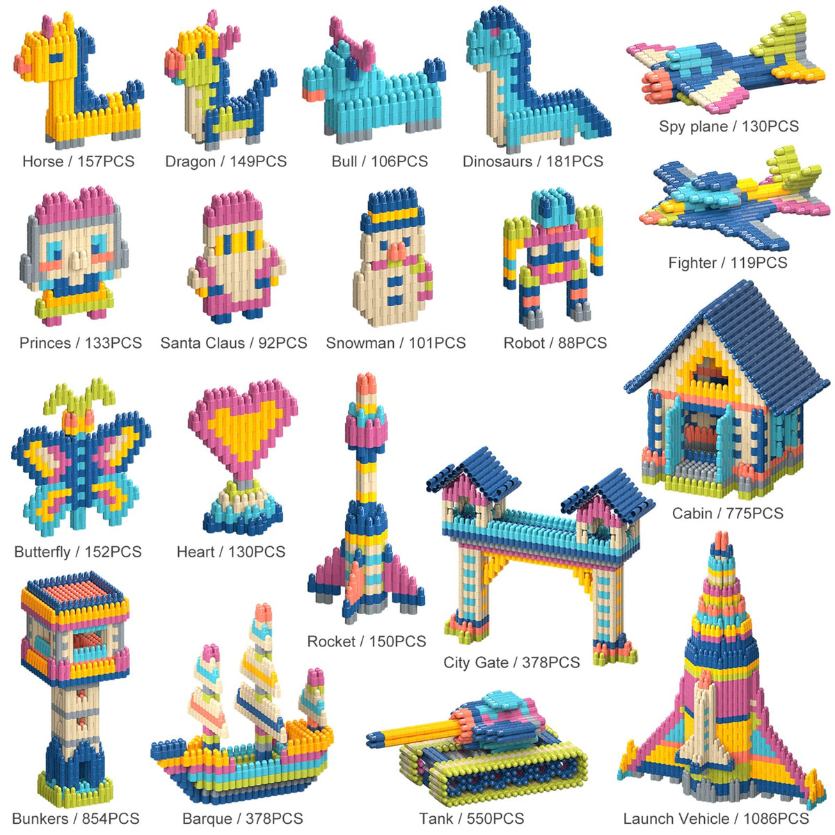Tigerhu creative structures—colorful blocks forming towers and models.