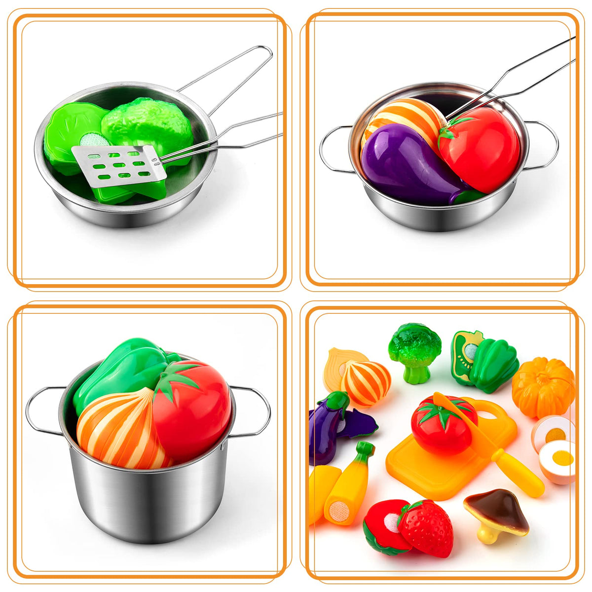 Tigerhu stainless steel pots with lids and handles for lifelike cookware pretend play.