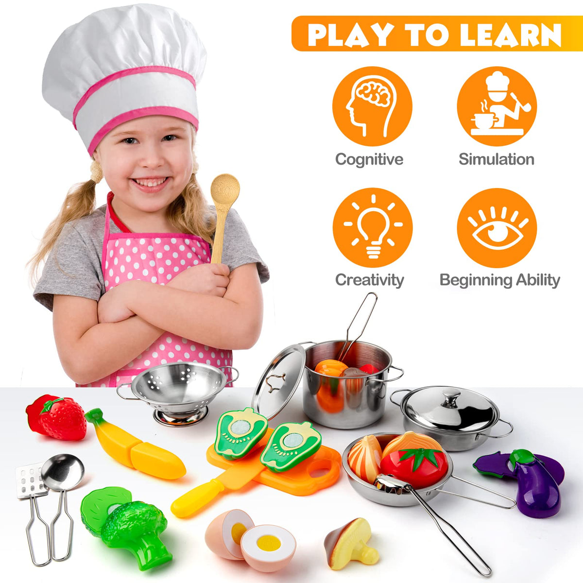 Tigerhu wooden utensils with apron and chef hat for role-play and creative cooking.