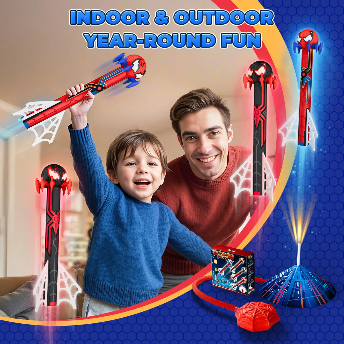 TIKAFONY kids playing outdoors with spider-themed rocket launcher