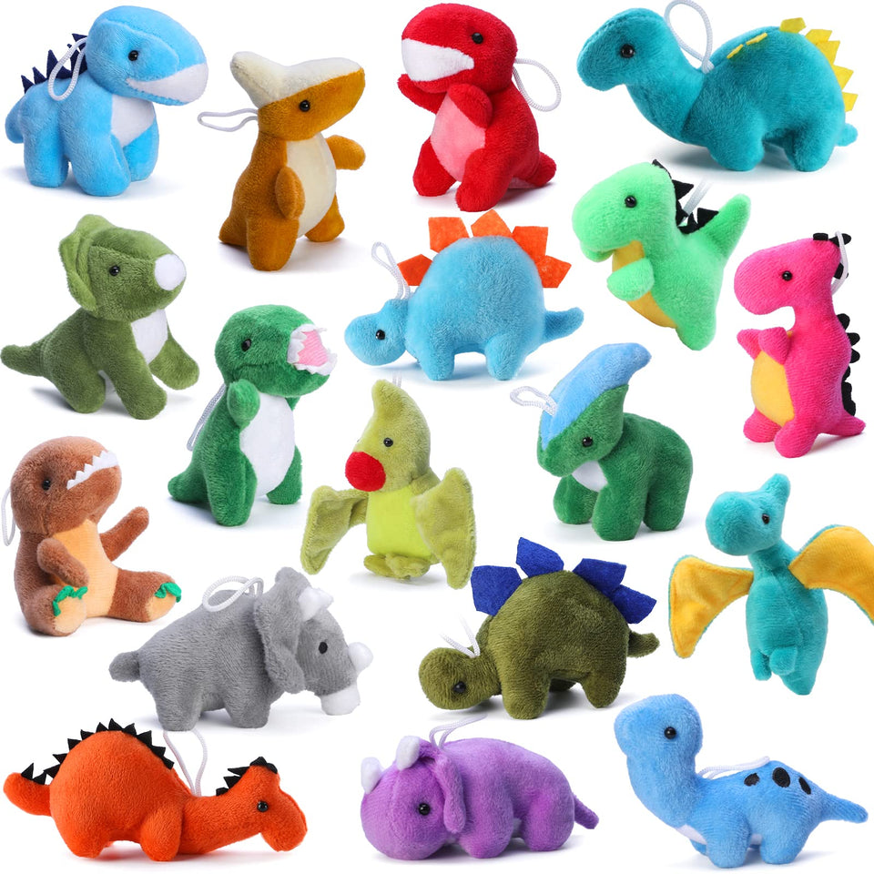 TIKAITOYO 18-pack plush dinosaurs, soft and kid-friendly mini toys for party favors.