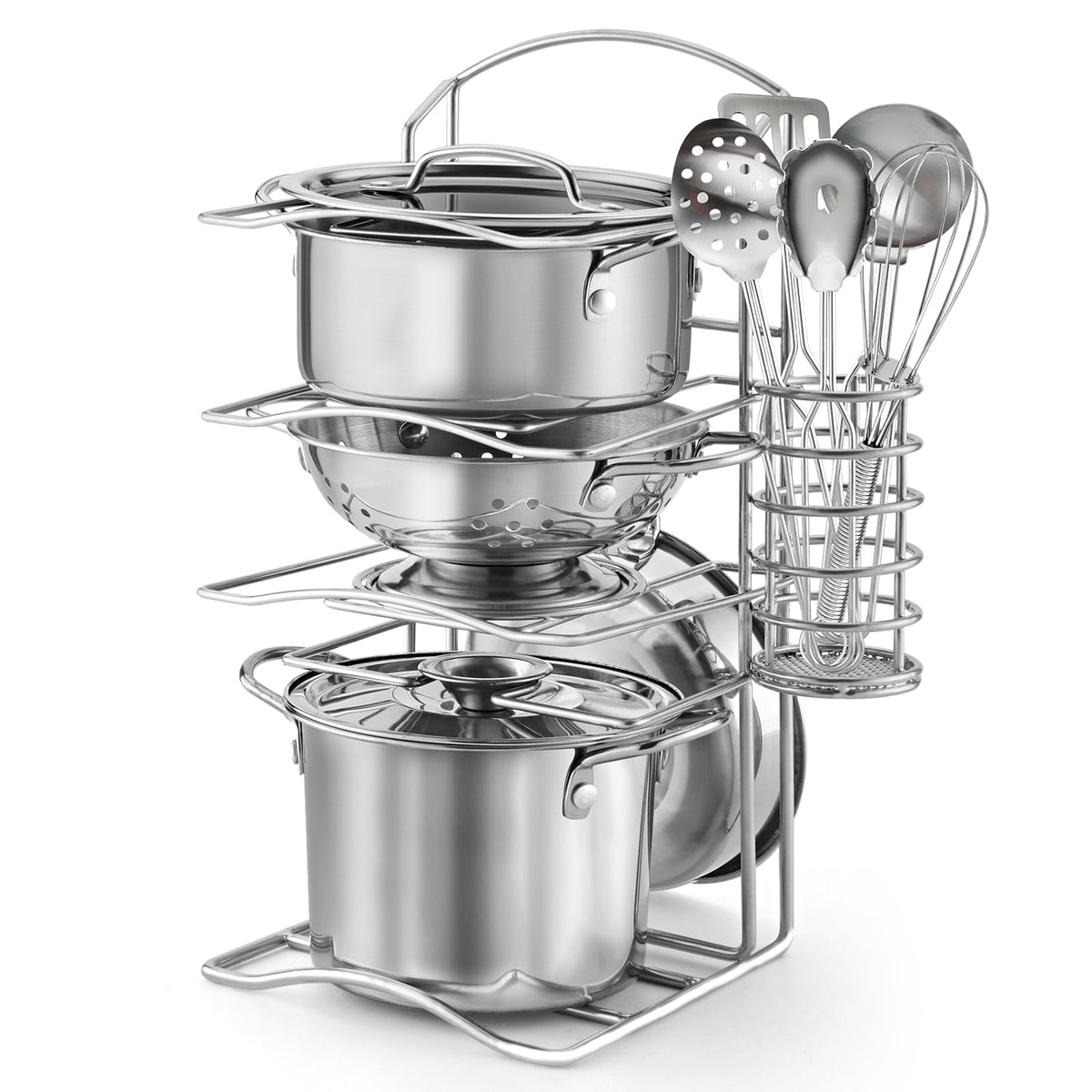 TikOnsYol 12-piece kitchen set with rack encourages imaginative play and tidy storage.