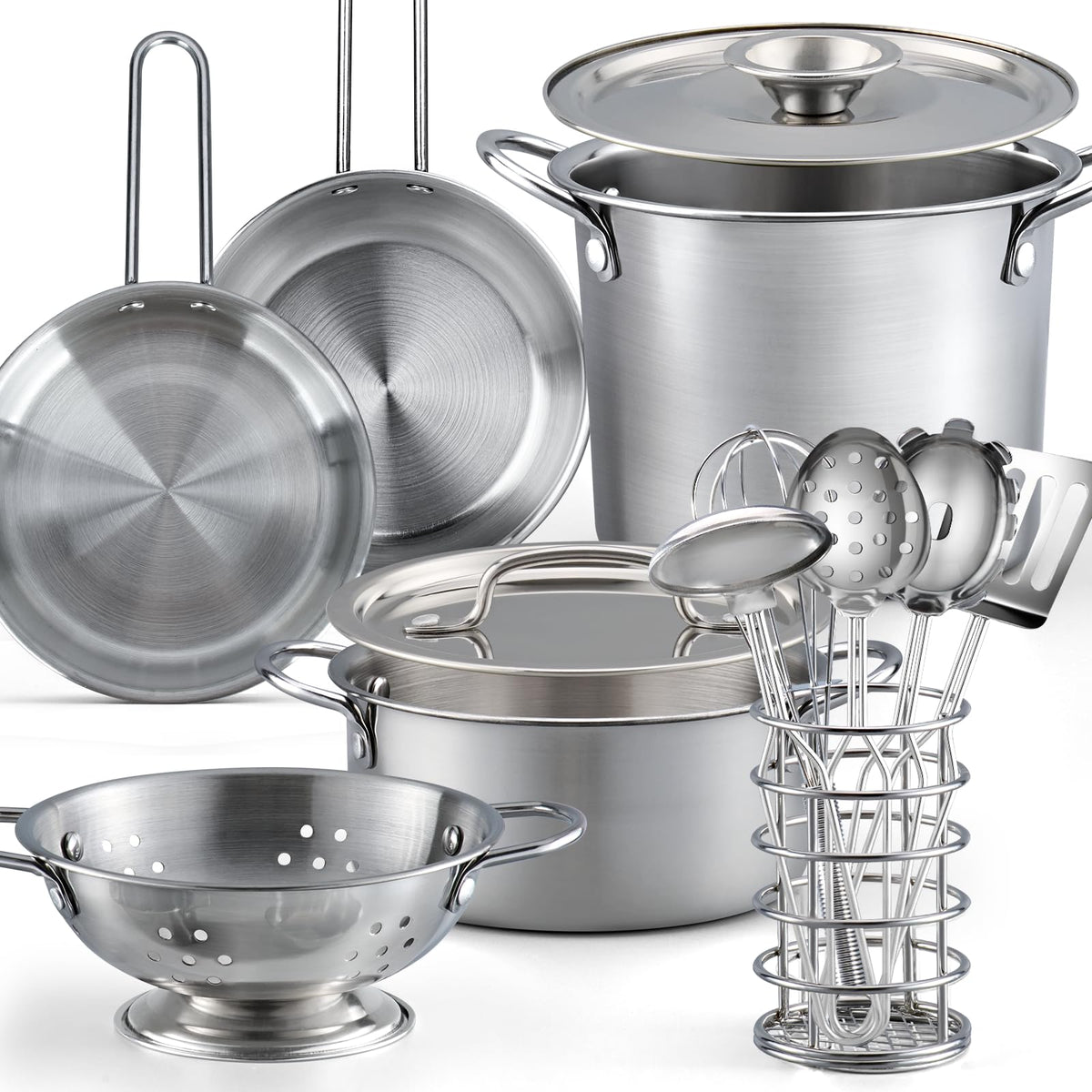 TikOnsYol 13pcs kid kitchen pot and pan set in metal, safe for little hands during pretend cooking.