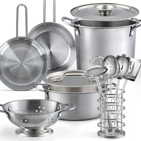 TikOnsYol 13pcs kid kitchen pot and pan set in metal, safe for little hands during pretend cooking.
