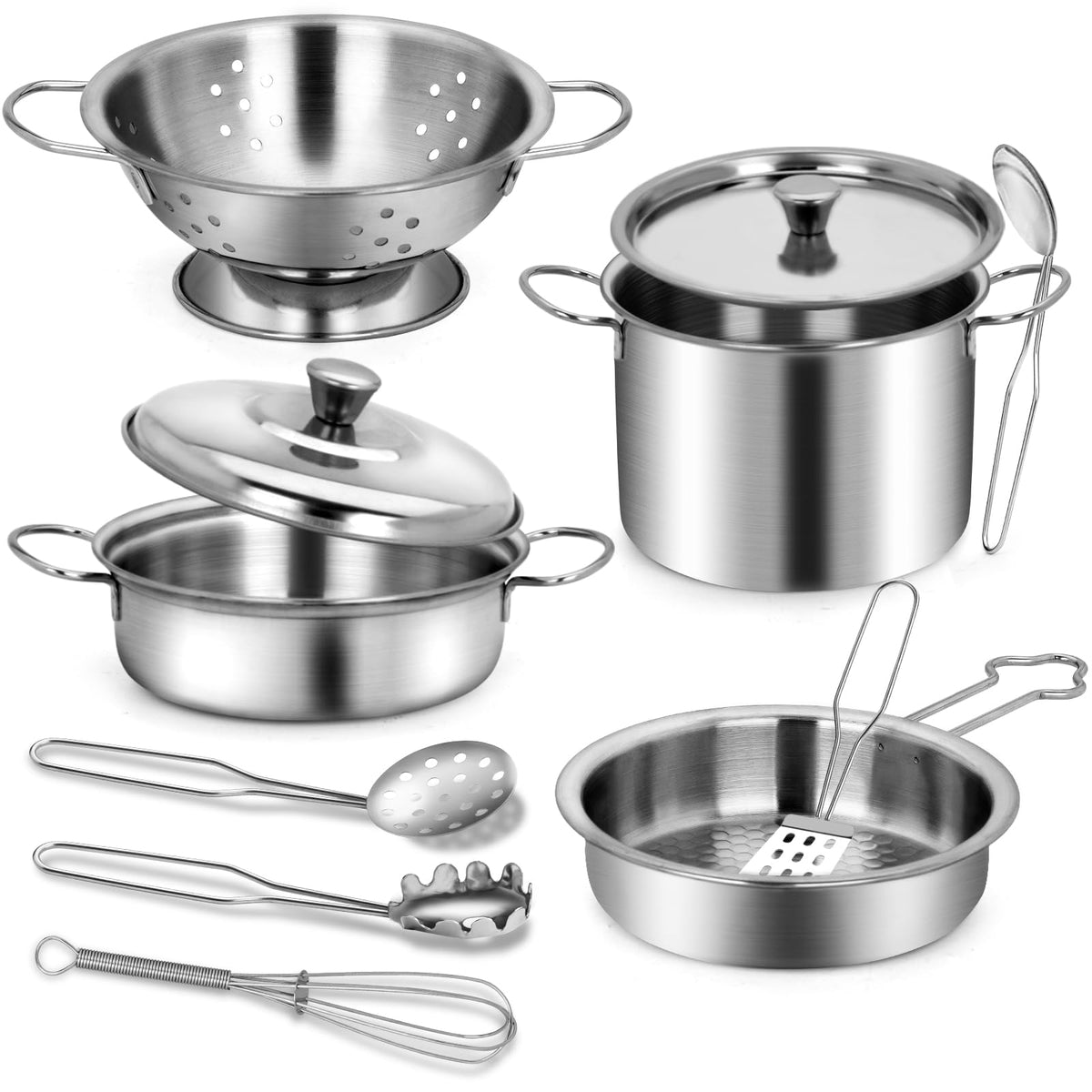 TikOnsYol stainless-steel kitchen utensils set designed for durable pretend meals.