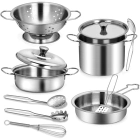 TikOnsYol stainless-steel kitchen utensils set designed for durable pretend meals.