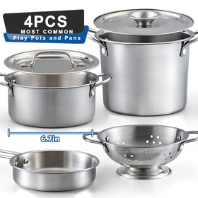 TikOnsYol stainless steel pots and pans offer durable, polished surfaces for pretend meals.