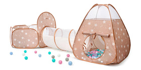 TIKTENT 3-in-1 pop-up play tent with tunnel and ball pit in brown-apricot for imaginative play.