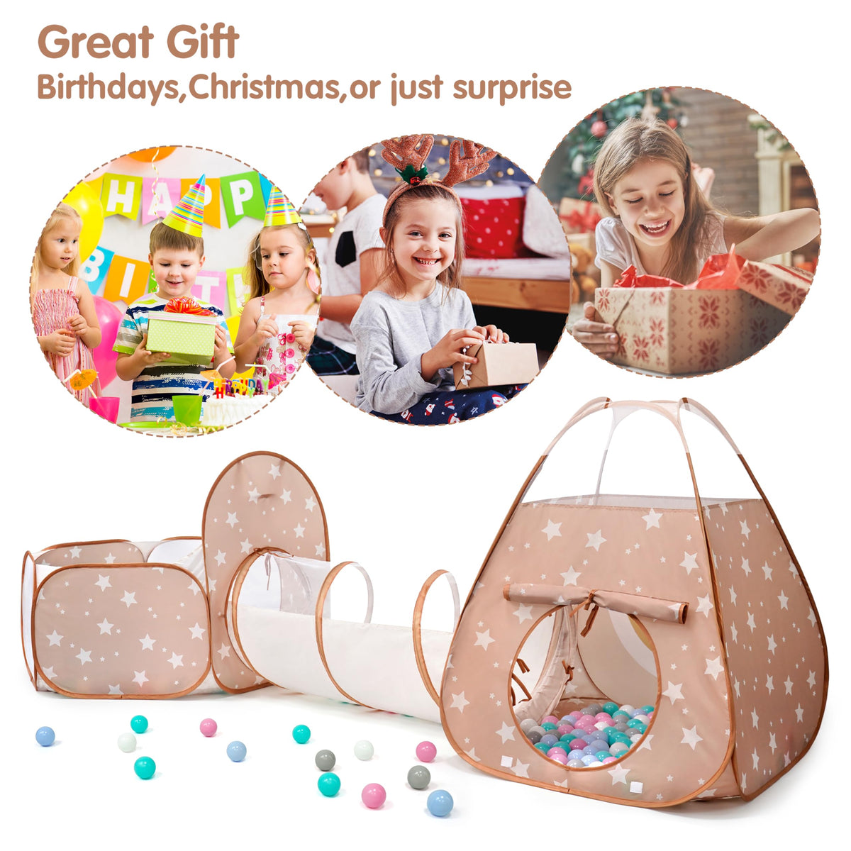 TIKTENT safe, ventilated play space with mesh windows for peek-a-boo fun.