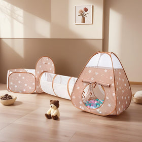 TIKTENT pop-up tunnel and ball pit in brown-apricot ideal for indoor and outdoor adventures.