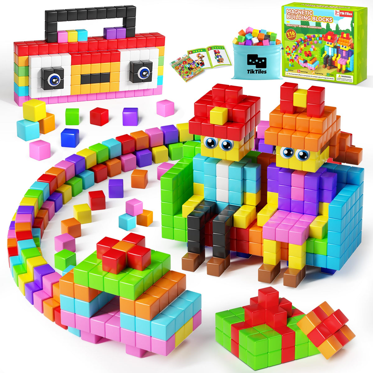 TikTiles 116pcs magnetic blocks with eyes and storage bag for easy cleanup and storytelling.