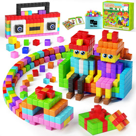TikTiles 116pcs magnetic blocks with eyes and storage bag for easy cleanup and storytelling.