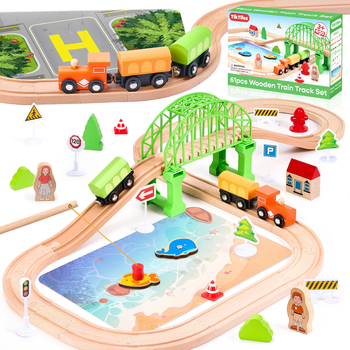 TikTiles wooden train set beach scene shows sunny tracks and puzzle board for creative play