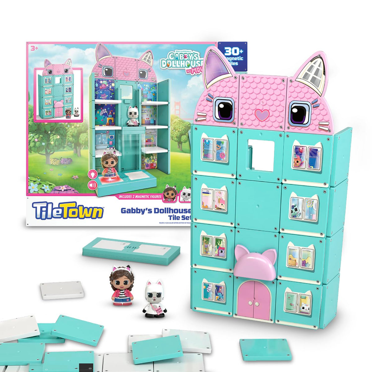 Tile Town Gabby's Dollhouse tiles show colorful magnetic tiles for creative building play.