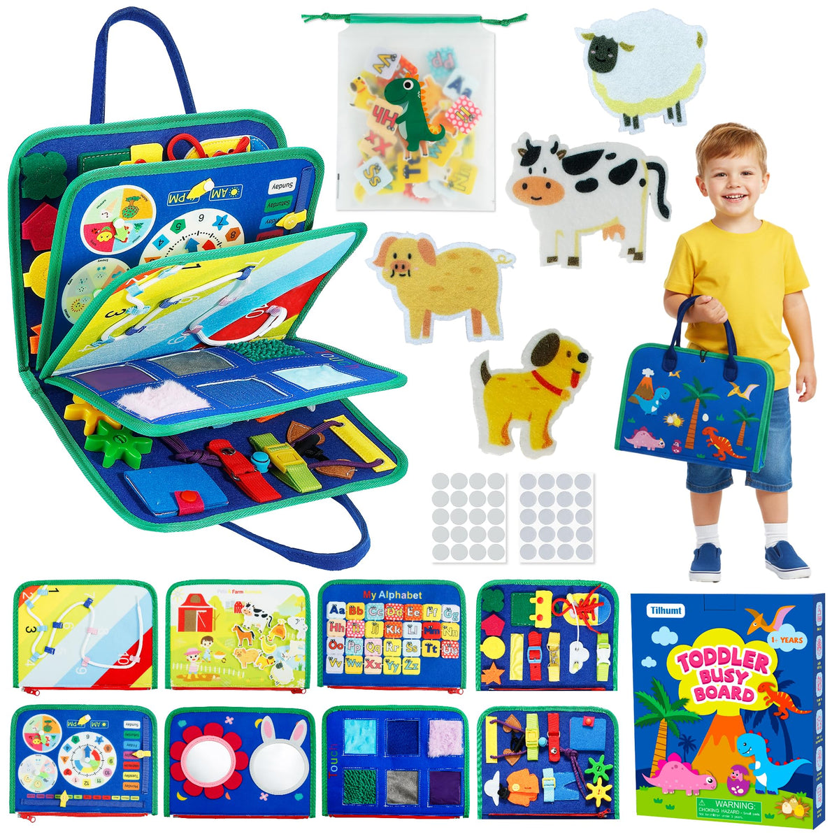 Tilhumt 8-in-1 Busy Book dressing practice with buttons helps develop fine motor skills.