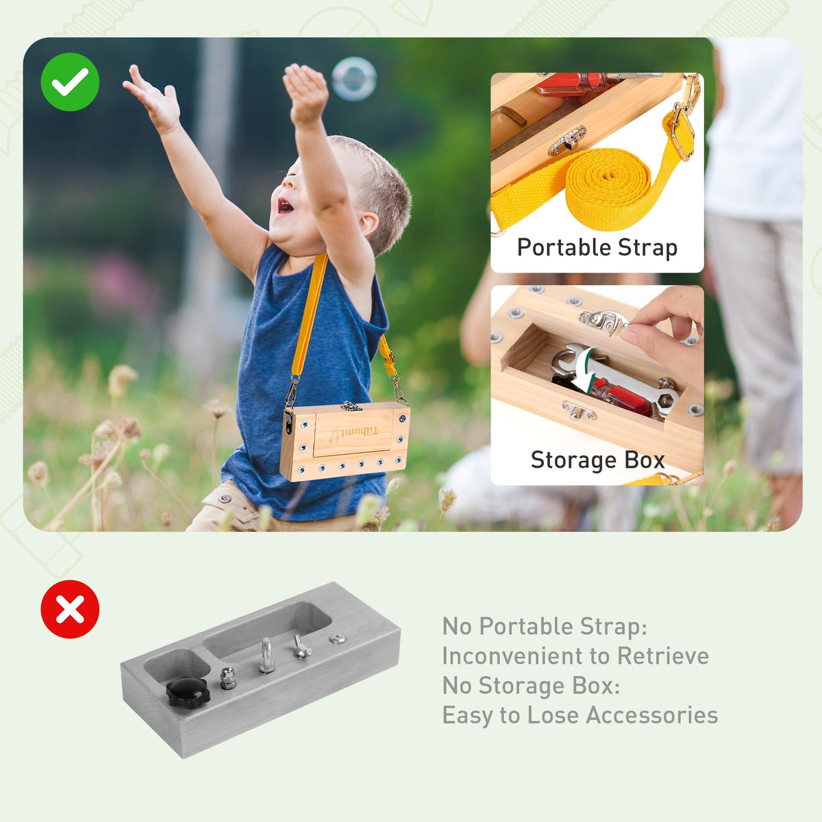 Tilhumt screwdriver board storage lid shows secure organization during play.