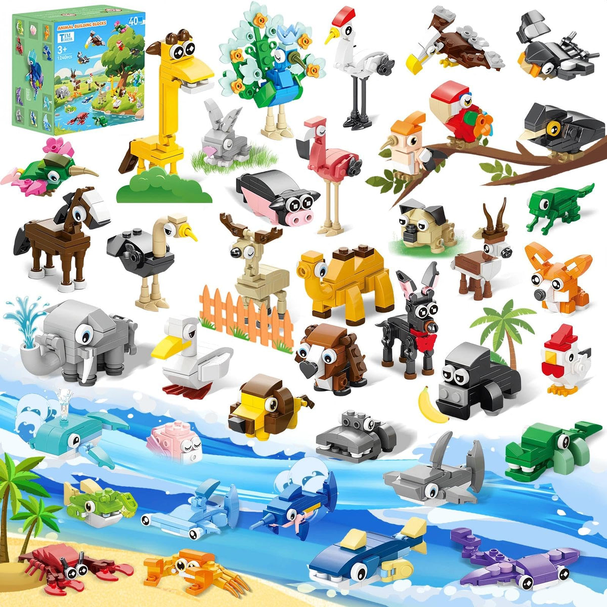 TIM CHESS animal building blocks with 40 bags, ideal party favors for kids