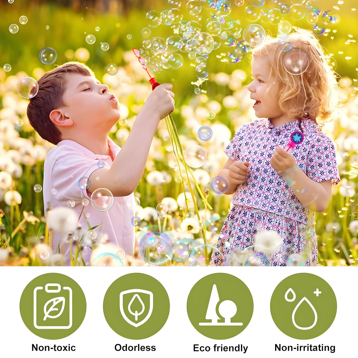 Time4Relax safe bubble solution pre-filled in each wand for kid-friendly use.