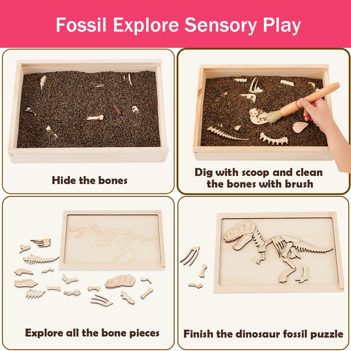Timfuis Dino Excavation Kit wooden storage box keeps tools organized for easy setup