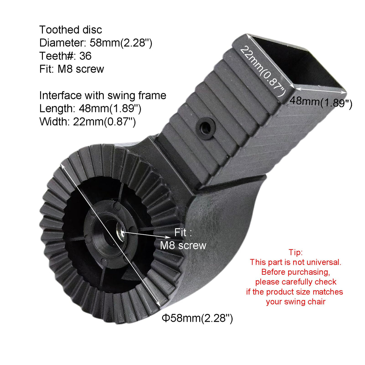 Rectangular swing leg interface fits 4.8cm by 2.2cm reliably