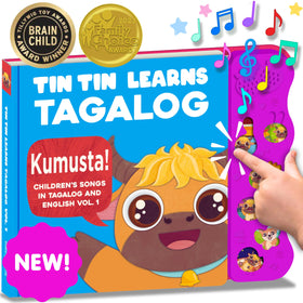 Tin Tin Learns Tagalog Vol. 1 cover image promoting bilingual learning for toddlers